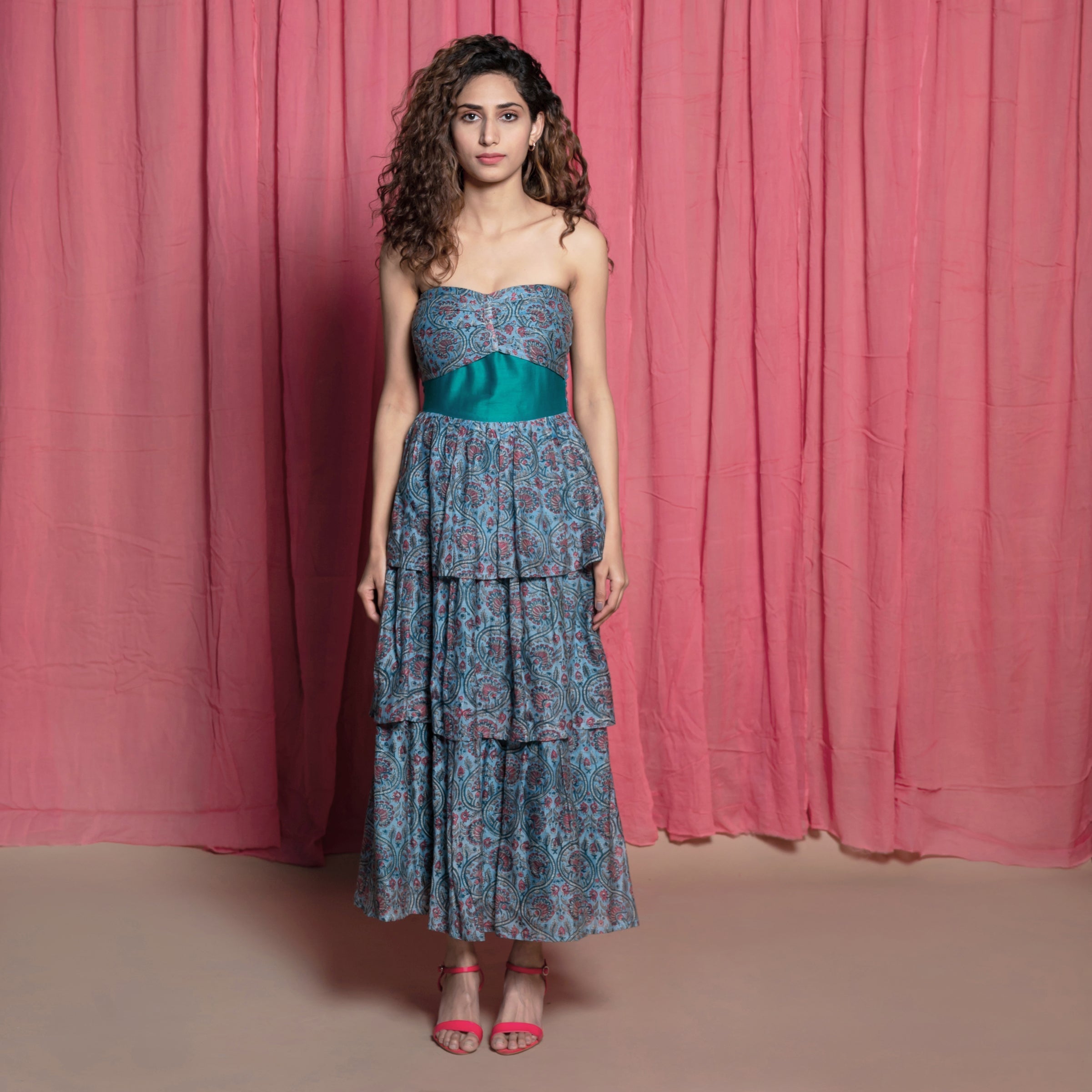 Front View of a Model wearing Twirly Teal Chanderi Block Print Layer Dress
