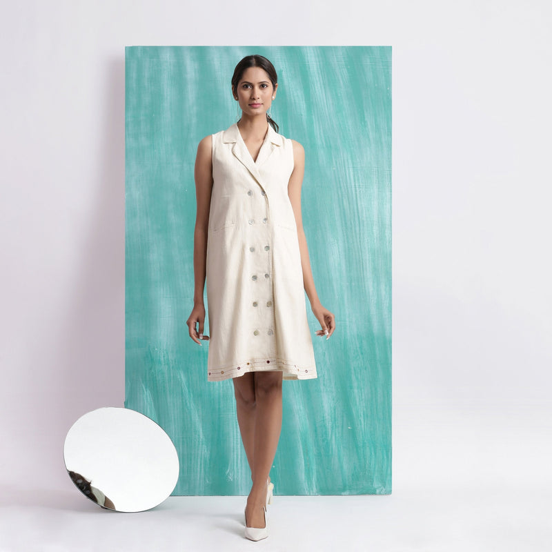 Front View of a Model wearing Undyed Button-Down Hand Mirror Work Dress