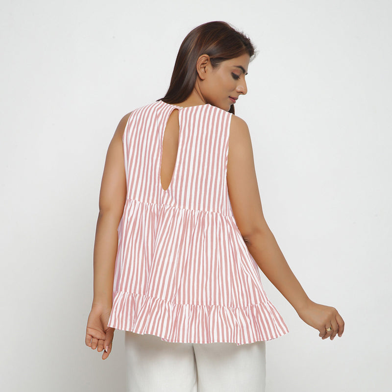 Back View of a Model wearing Pink Tiered Hand Screen Printed Top