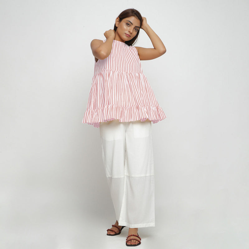 Front View of a Model wearing Pink Tiered Top and Wide-Legged Pant Set