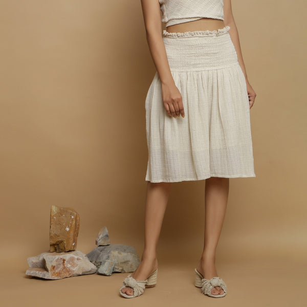 Front View of a Model wearing Undyed Cotton Flax Frilled Skirt