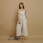 Front View of a Model wearing Undyed Cotton Flax Straight Jumpsuit