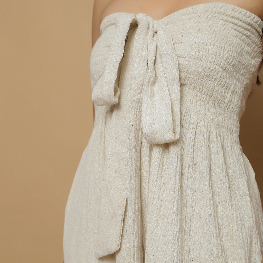 Front Detail of a Model wearing Undyed Cotton Flax Straight Jumpsuit