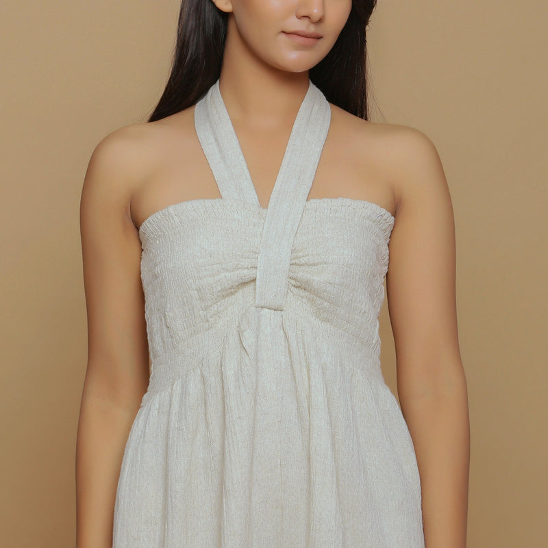 Front Detail of a Model wearing Undyed Cotton Flax Straight Jumpsuit