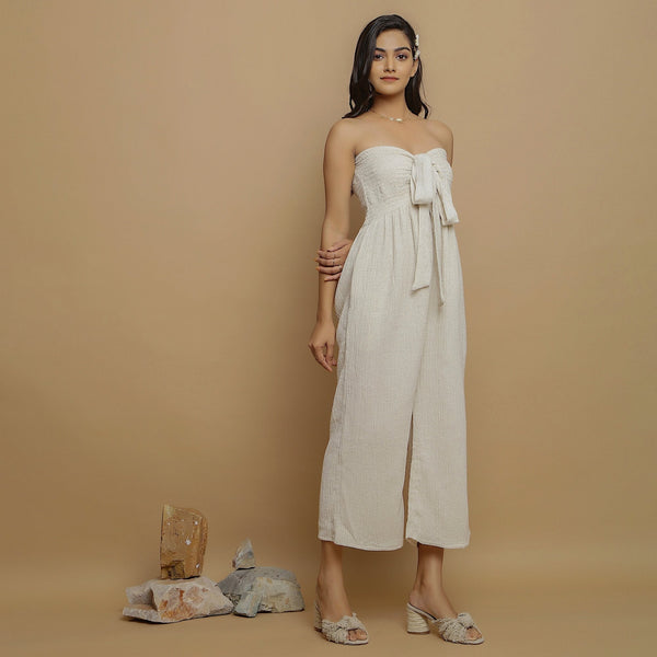 Right View of a Model wearing Undyed Cotton Flax Straight Jumpsuit