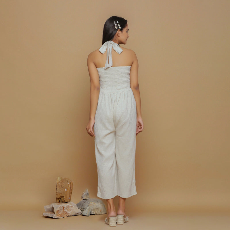 Back View of a Model wearing Undyed Cotton Flax Straight Jumpsuit