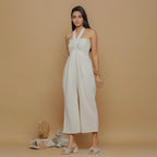 Front View of a Model wearing Undyed Cotton Flax Straight Jumpsuit