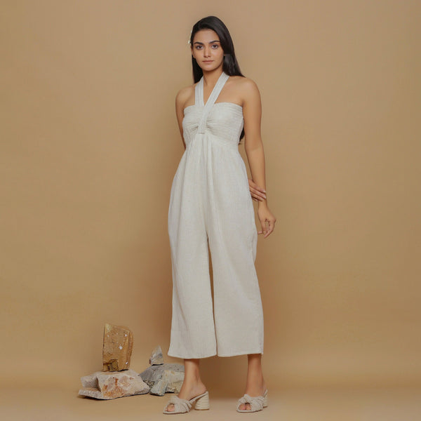 Front View of a Model wearing Undyed Cotton Flax Straight Jumpsuit