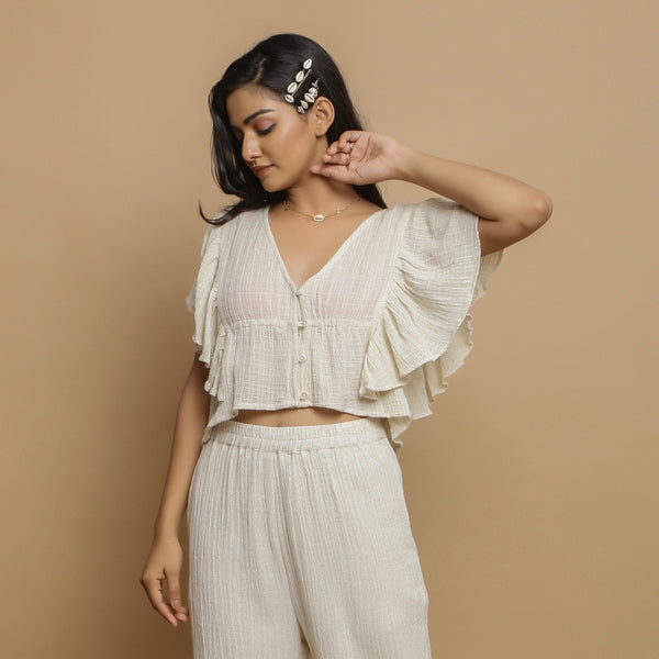 Front View of a Model wearing Undyed Crinkled Cotton Gathered Crop Top