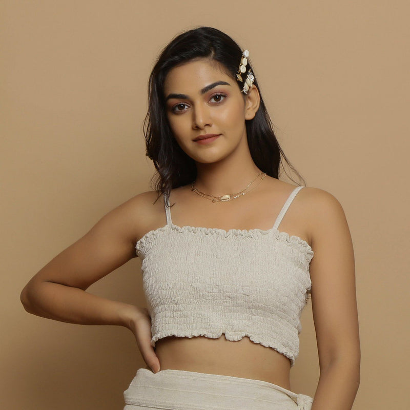 Front View of a Model Wearing Undyed Elasticated Cotton Flax Tube Top