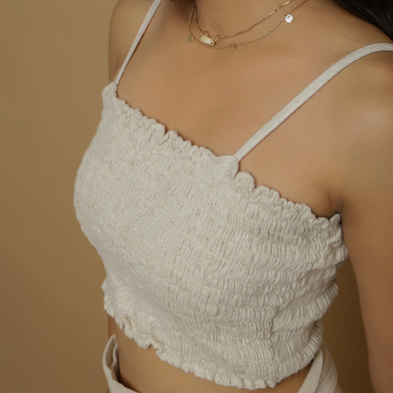 Front Detail of a Model Wearing Undyed Elasticated Cotton Flax Tube Top