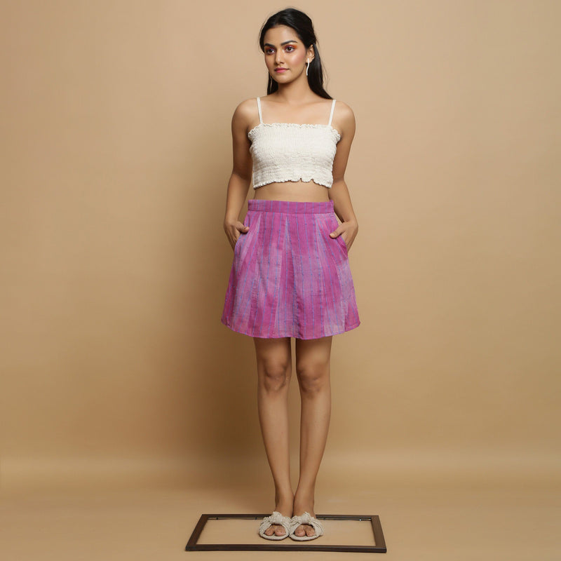 Front View of a Model Wearing Undyed Tube Top and Striped A-Line Skirt Set