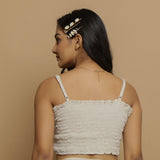 Back View of a Model Wearing Undyed Elasticated Cotton Flax Tube Top