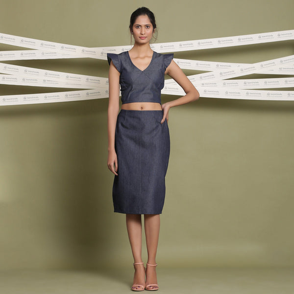 Front View of a Model wearing V-Neck Crop Top and Indigo Pencil Skirt Set