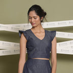 Front View of a Model wearing V-Neck Flared Sleeve Blouson Crop Top