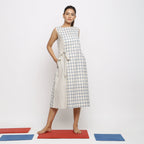 Front View of a Model wearing Vegetable Dyed Blue Checks Paneled Dress
