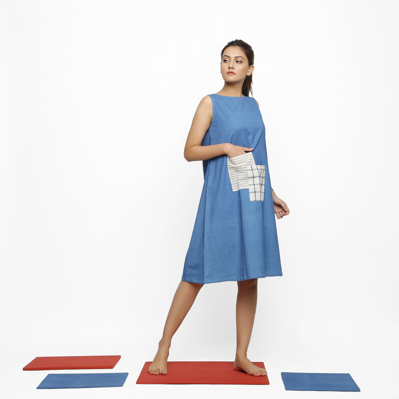 Right View of Model wearing Vegetable Dyed Blue Solid A-Line Dress