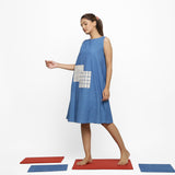 Left View of Model wearing Vegetable Dyed Blue Solid A-Line Dress