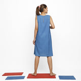 Back View of Model wearing Vegetable Dyed Blue Solid A-Line Dress