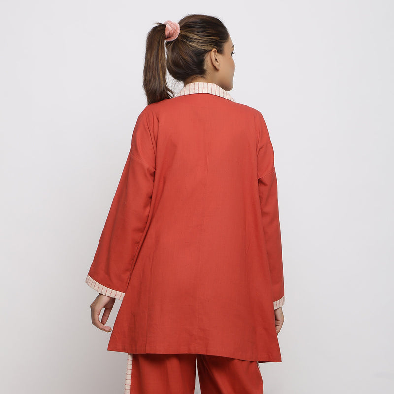 Back View of a Model wearing Vegetable Dyed Cotton Paneled Outerwear