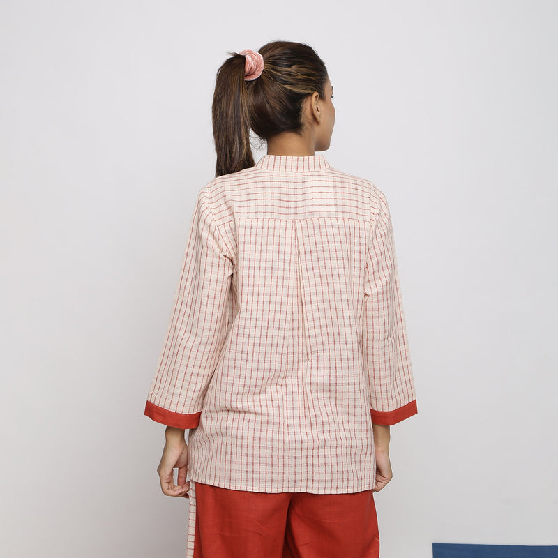 Back View of a Model wearing Vegetable Dyed Checkered Button-Down Shirt