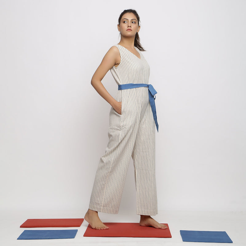 Right View of a Model wearing Vegetable Dyed Handspun Cotton Overall