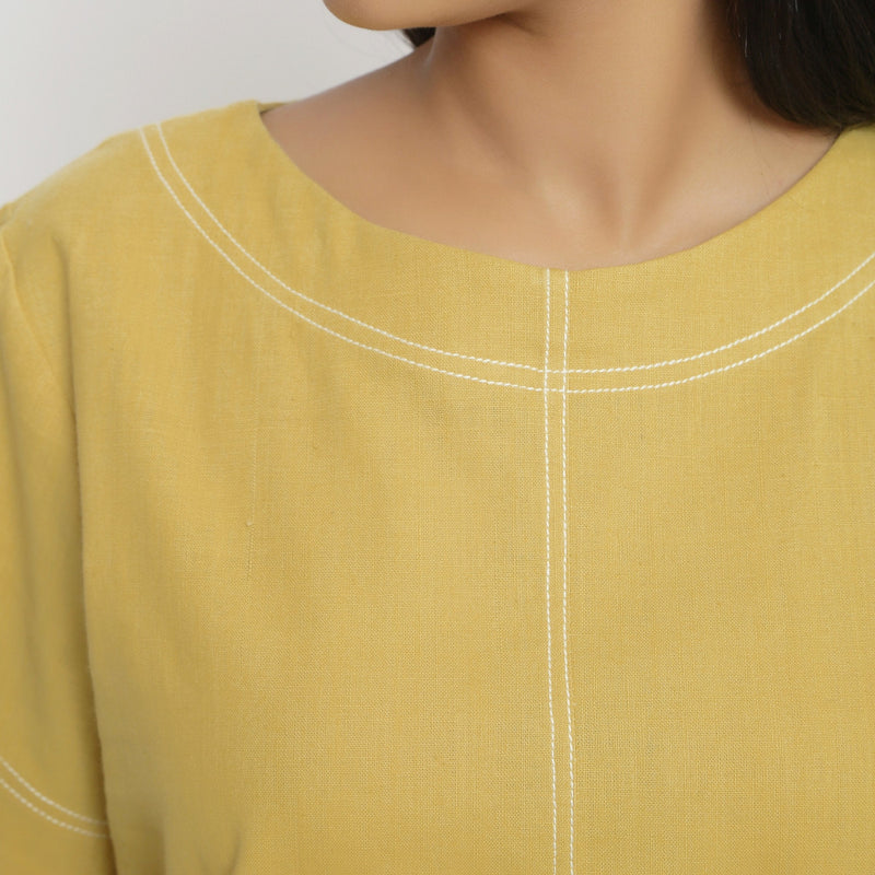 Front Detail of a Model wearing Vegetable Dyed Handspun Paneled Top