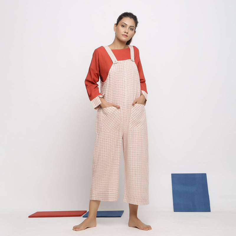 Front View of a Model wearing Vegetable Dyed Striped Pinafore Jumpsuit