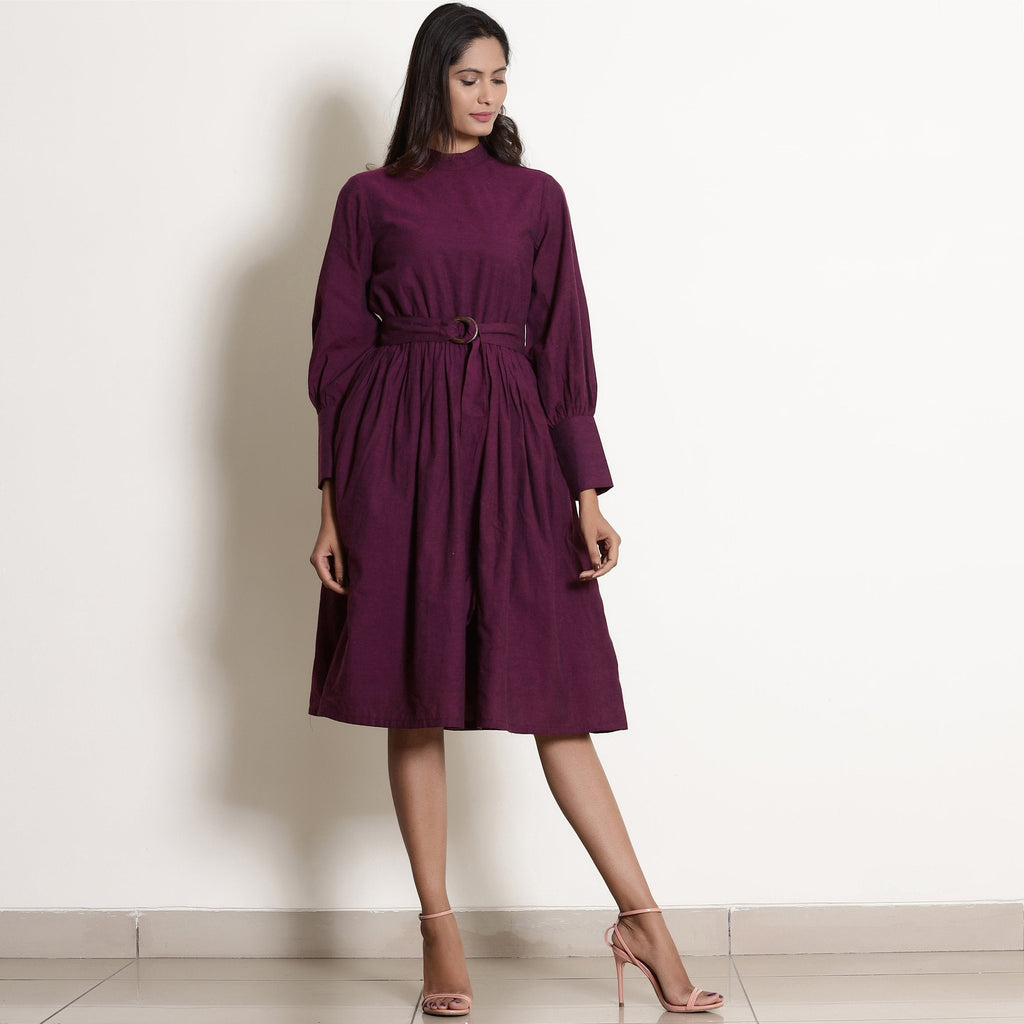 Front View of a Model wearing Warm Berry Wine Fit and Flare Dress