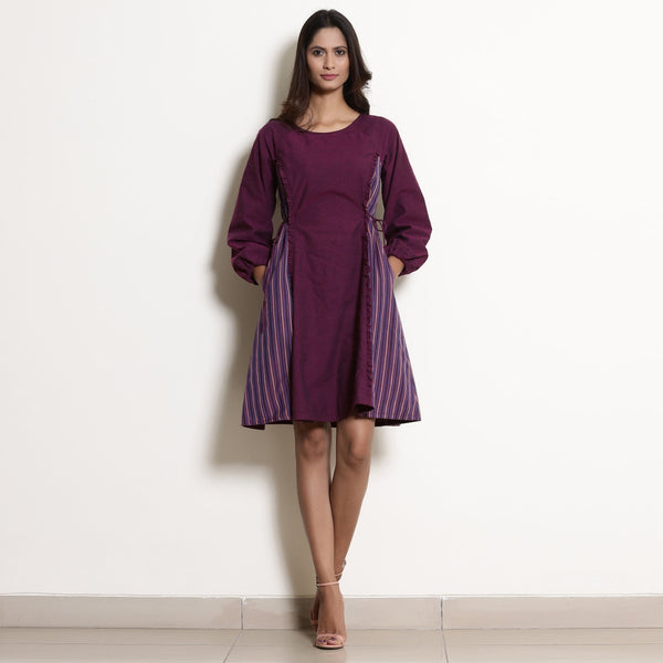 Front View of a Model wearing Warm Berry Wine Frilled Paneled Dress