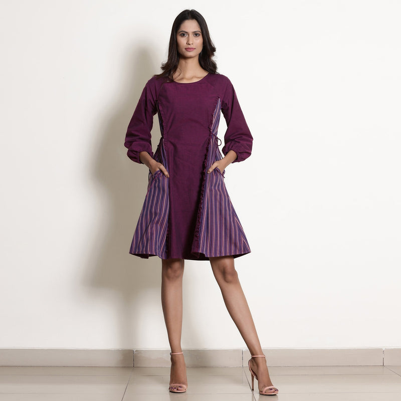 Front View of a Model wearing Warm Berry Wine Frilled Paneled Dress