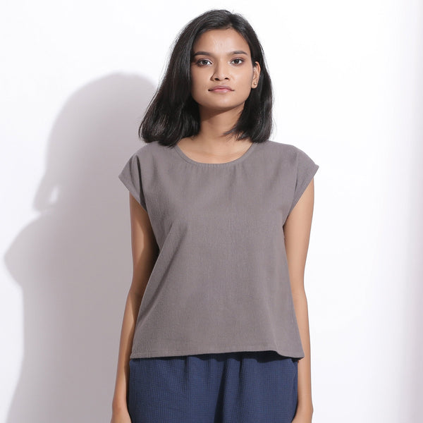 Front View of a Model wearing Warm Cotton Flannel Grey Essential Top