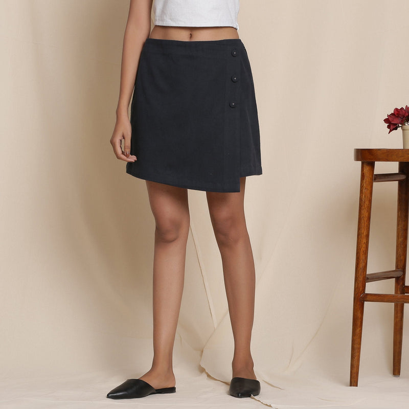 Front View of a Model wearing Warm Flannel Moonlight Black Overlap Skirt