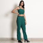 Right View of a Model wearing Warm Green Frilled Crop Bustier Top