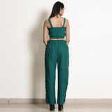 Back View of a Model wearing Warm Pine Green Frilled Straight Pant