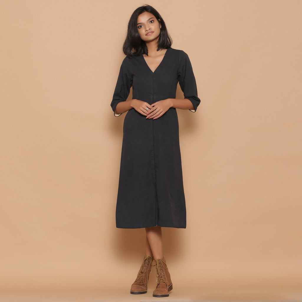 Front View of a Model wearing Warm Reversible Slim Fit A-Line Slit Dress