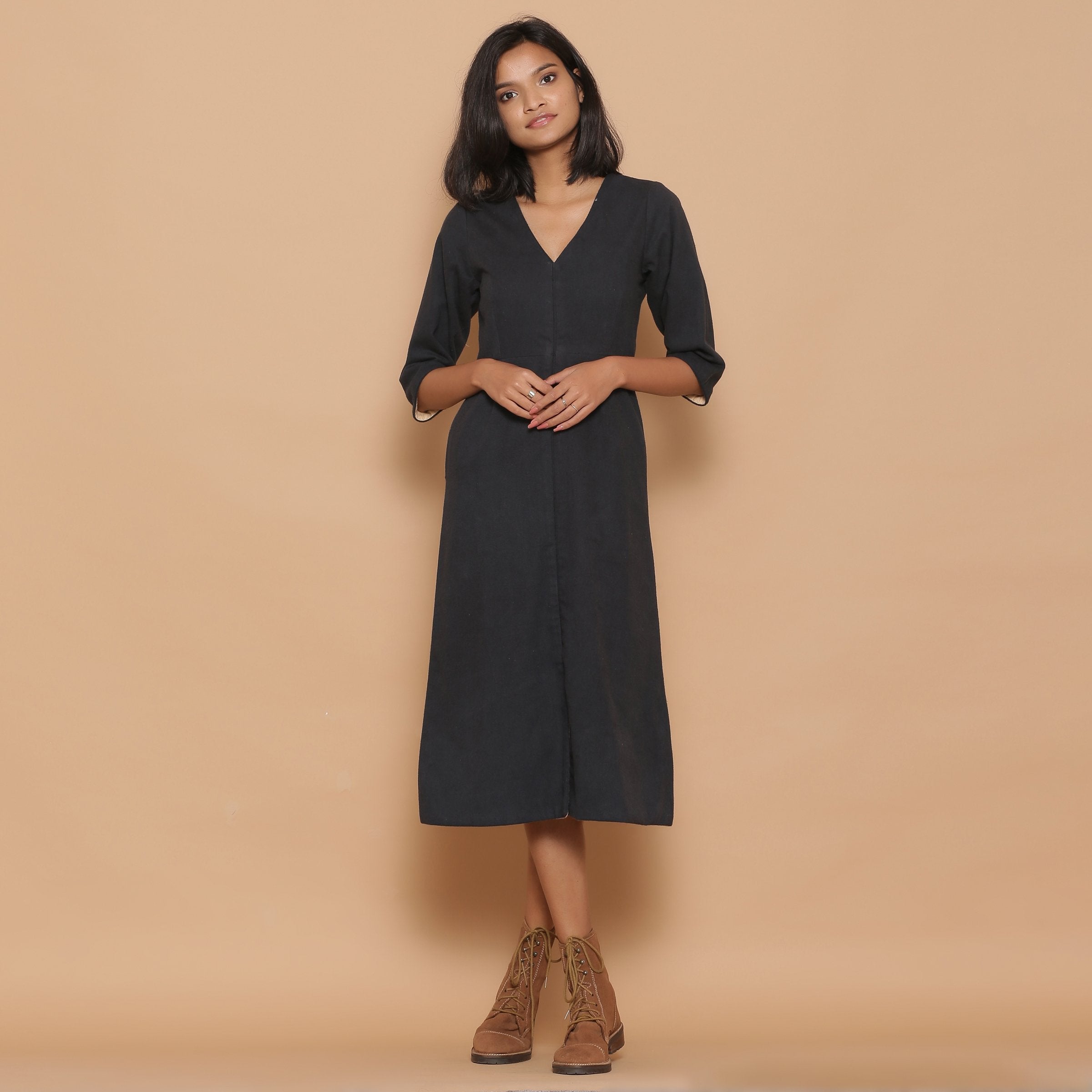 Front View of a Model wearing Warm Reversible Slim Fit A-Line Slit Dress