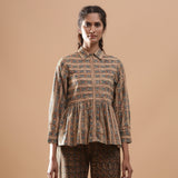 Front View of a Model wearing Warm Striped Floral Kalamkari Shirt