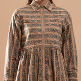 Front Detail of a Model wearing Warm Striped Floral Kalamkari Shirt