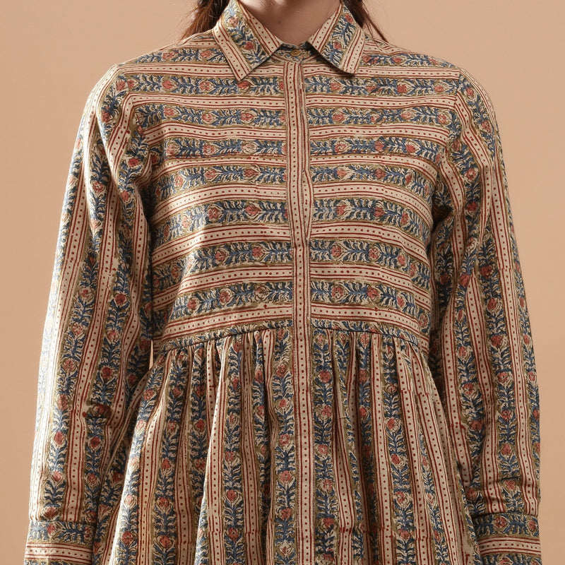 Front Detail of a Model wearing Warm Striped Floral Kalamkari Shirt