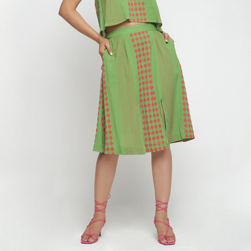Front View of a Model wearing Green Crinkled Cotton Geometric A-Line Skirt