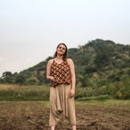 Front View of a Model wearing Welt Pocket Bagru Printed Spaghetti Top