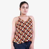 Front View of a Model wearing Welt Pocket Bagru Printed Spaghetti Top