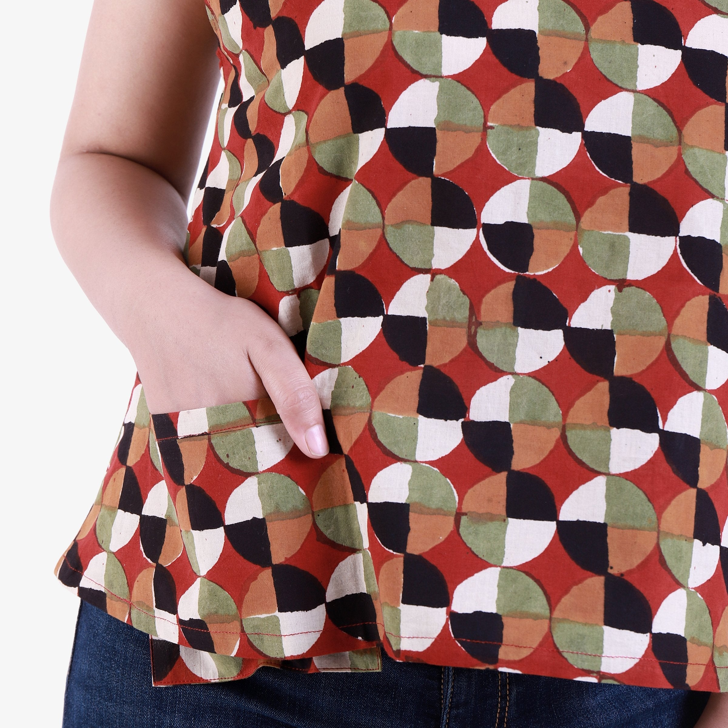 Front Detail of a Model wearing Welt Pocket Bagru Printed Spaghetti Top