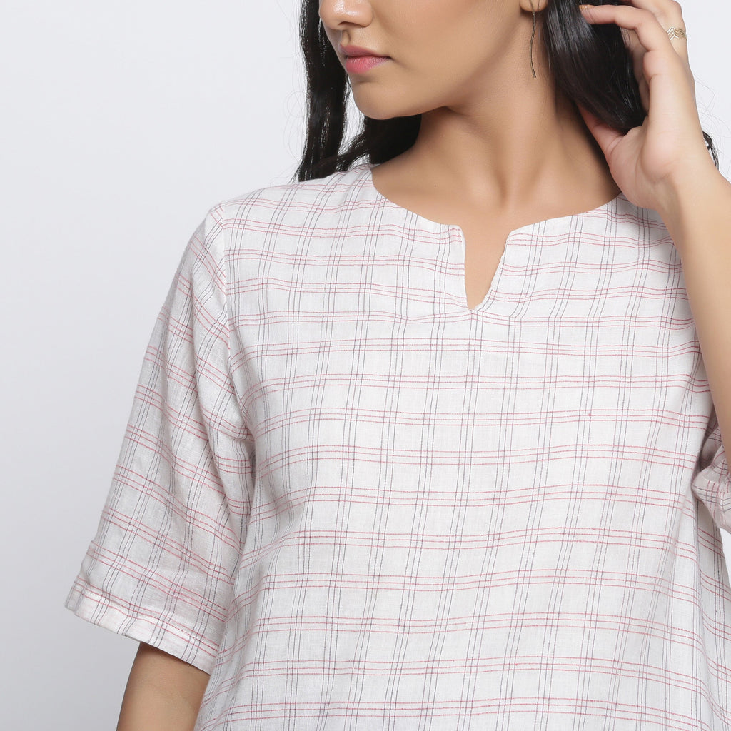 White Checks 100% Cotton Muslin Split Neck A-Line Top