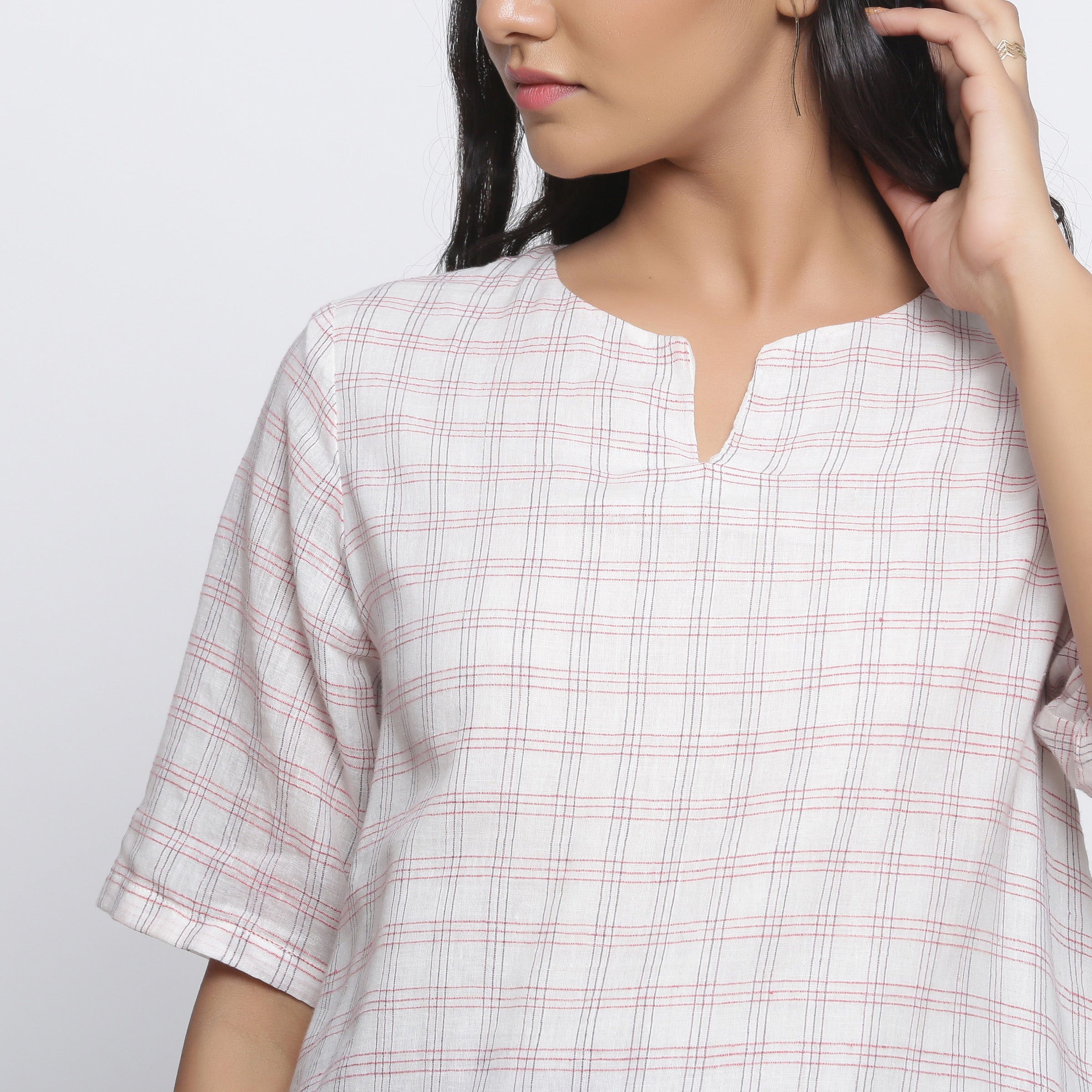 White Checks 100% Cotton Muslin Split Neck A-Line Top