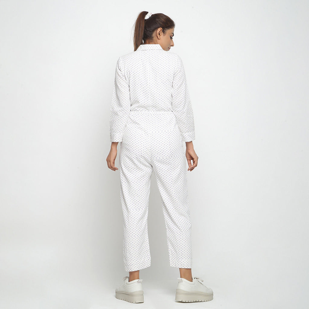 Back View of a Model wearing White And Purple Hand Block Print Overall