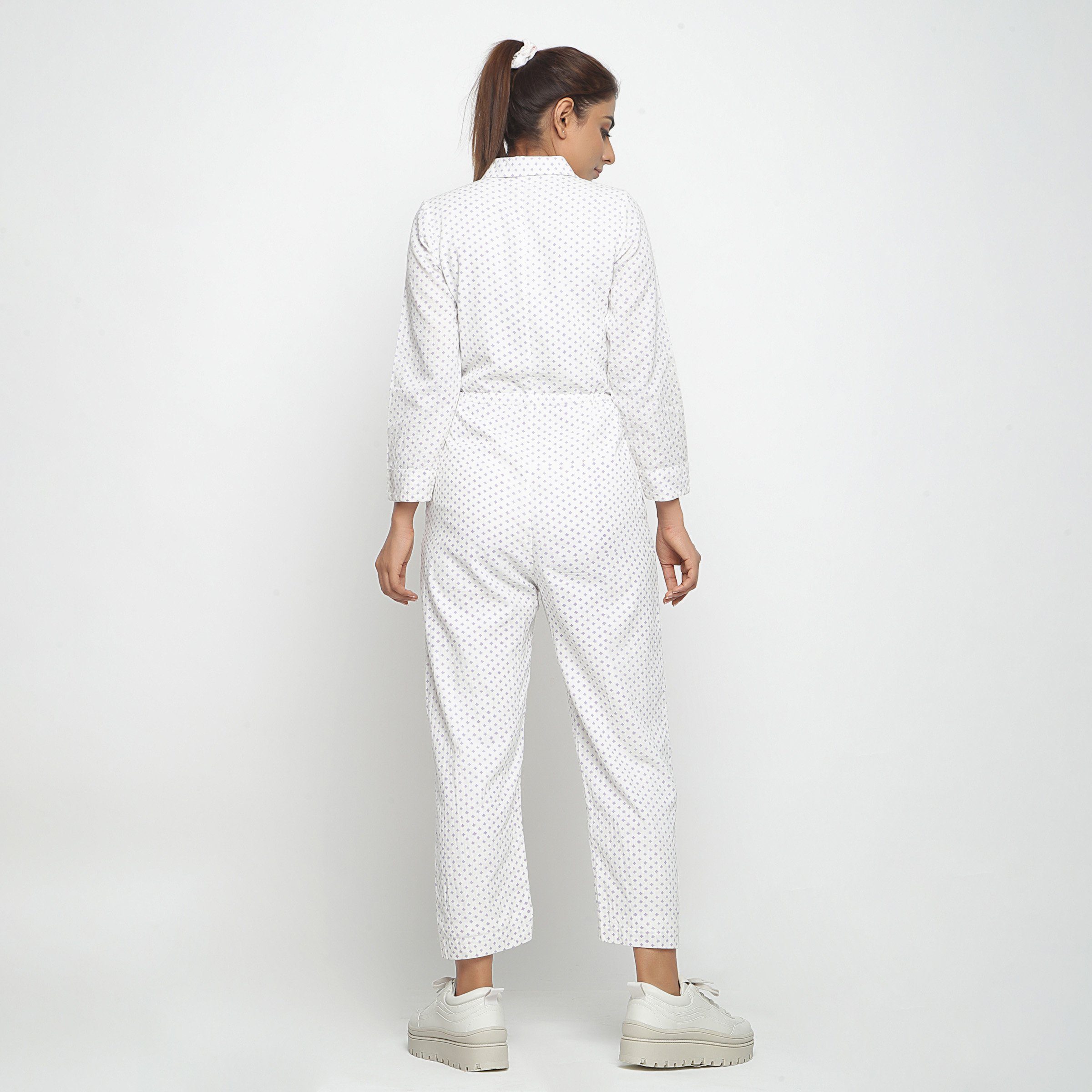 Back View of a Model wearing White And Purple Hand Block Print Overall