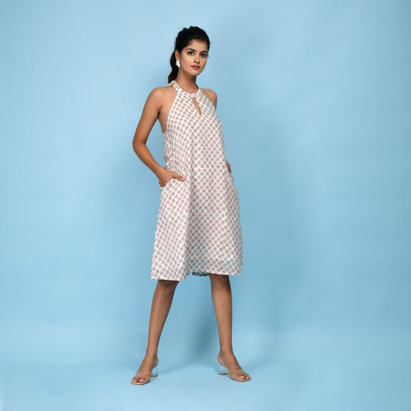 Front View of a Model wearing White Block Printed 100% Cotton A-Line Knee Length Dress