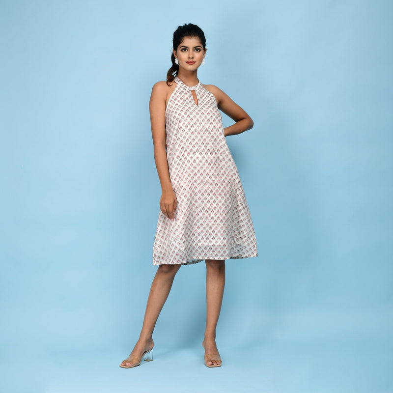 Front View of a Model wearing White Block Printed 100% Cotton A-Line Knee Length Dress